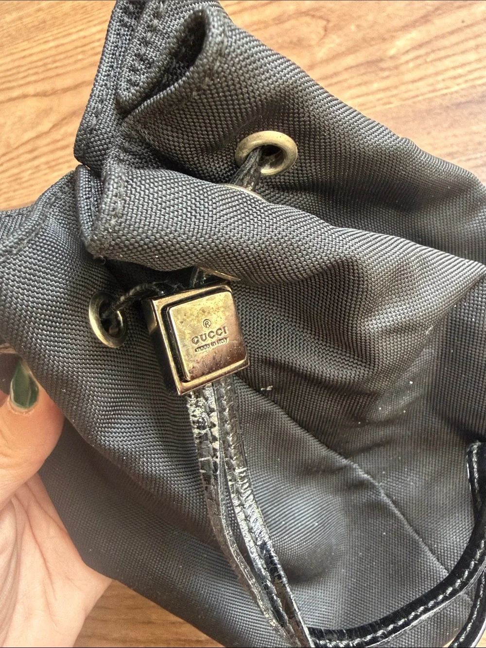 Vintage Gucci 039 0973 Black Nylon Drawstring Bucket Pouch Bag Made in Italy